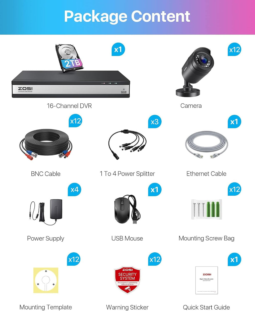 ZOSI H.265+ 16 Channel Security Camera System 1080p, Hybrid DVR Recorder with AI Human Vehicle Detect, 12 x 2MP CCTV Bullet Camera Outdoor Indoor, Night Vision, 90°Wide Angle, Remote Access, 2TB HDD