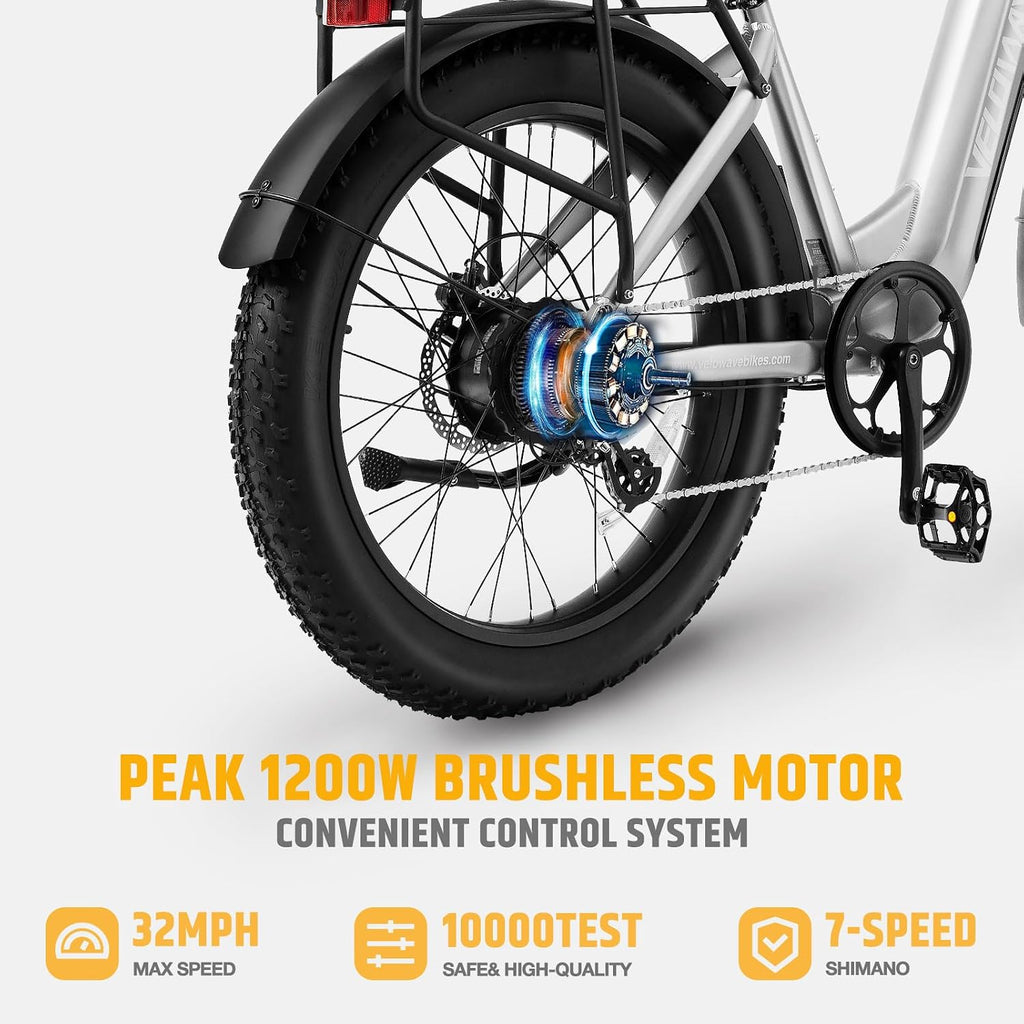 VELOWAVE Electric Bike 26' Fat Tire Ebike Peak 1200W Motor Electric Bike for Adults with 47.97V 14.4AH Removable LG Cell Battery Step-Thru E Bike up to 32MPH UL 2849 Certified with Lock& Bell