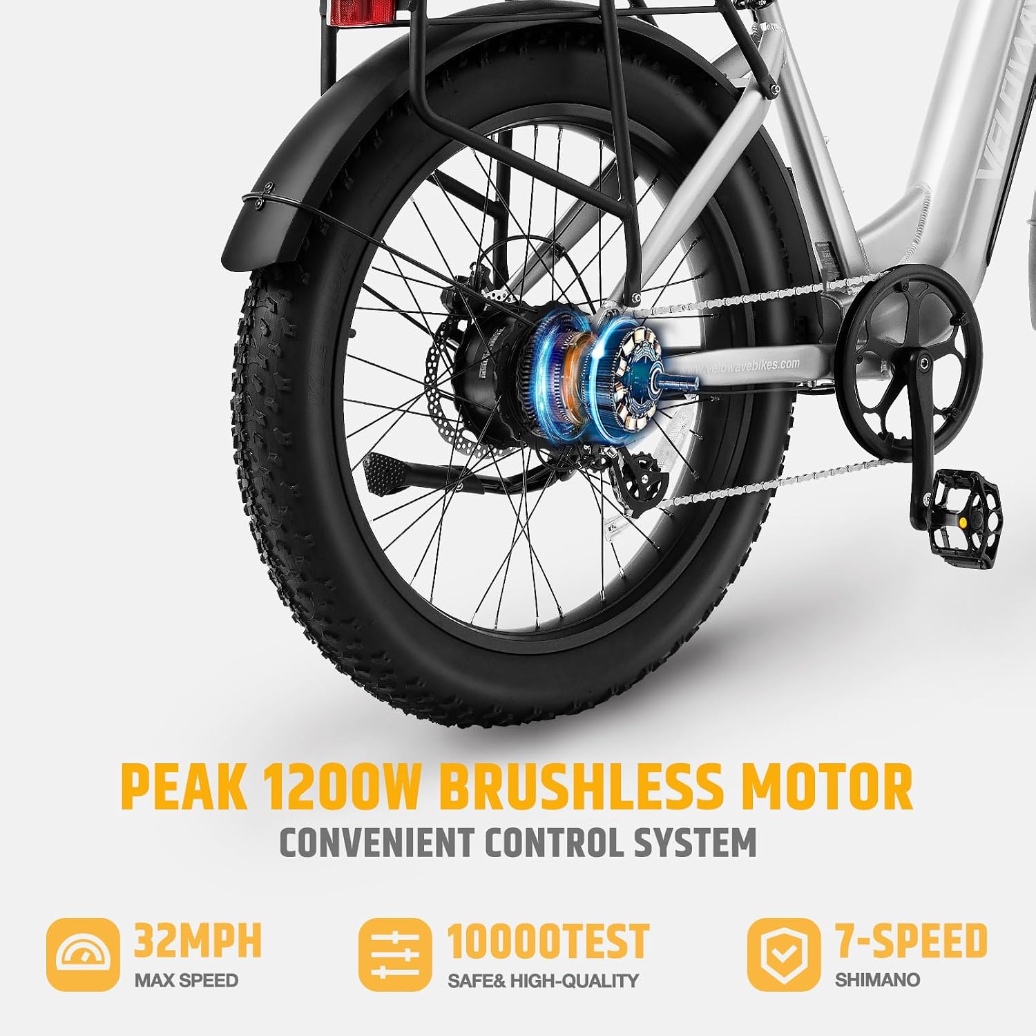 VELOWAVE Electric Bike 26' Fat Tire Ebike Peak 1200W Motor Electric Bike for Adults with 47.97V 14.4AH Removable LG Cell Battery Step-Thru E Bike up to 32MPH UL 2849 Certified with Lock& Bell