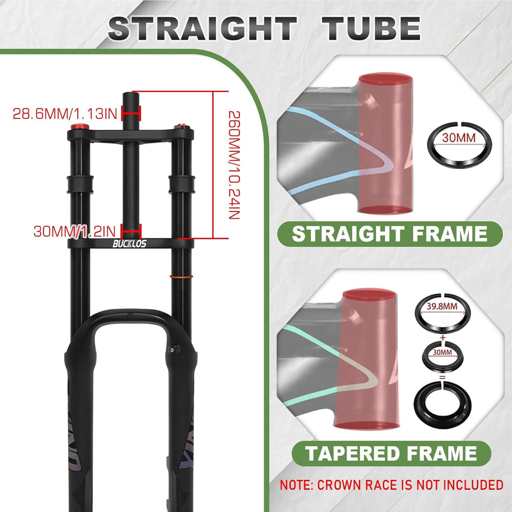 BUCKLOS 20 inch 4.0 Fat Tire E-Bike Air Suspension Fork, 180mm Travel Spacing Hub 135mm Straight Tube MTB Manual Lockout 9mm QR Mountain Bike Double Shoulder Electric Bicycle Front Forks Snow Beach