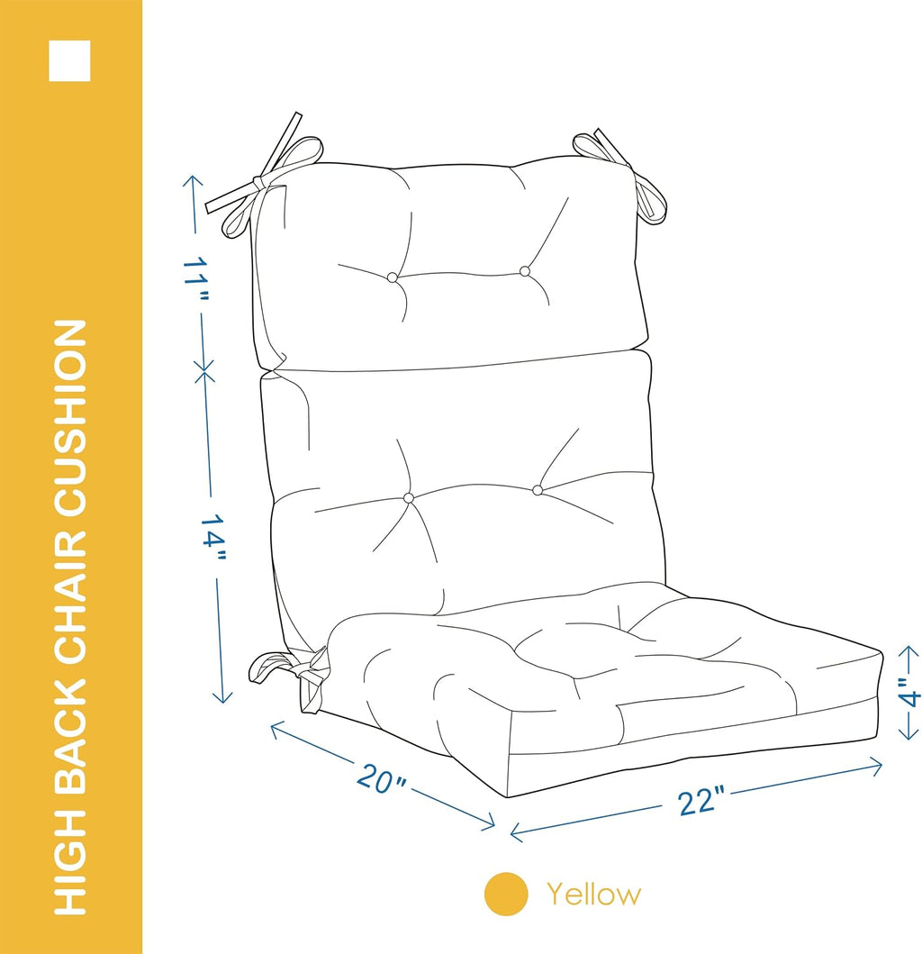 Outdoor Indoor High Back Chair Cushions Set of 4,Waterproof All-Weather Patio Adirondack Rocking Chair Cushions,Seat Back Chair Cushion for Outdoor Furniture with Ties,45x22 Inch, Yellow