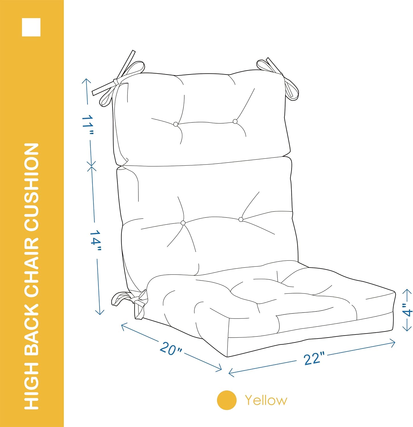 Outdoor Indoor High Back Chair Cushions Set of 4,Waterproof All-Weather Patio Adirondack Rocking Chair Cushions,Seat Back Chair Cushion for Outdoor Furniture with Ties,45x22 Inch, Yellow