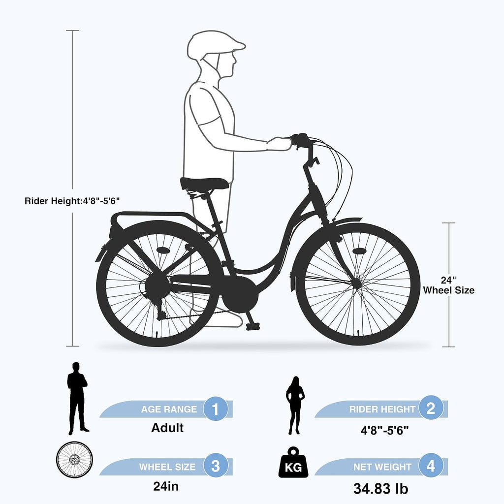 MEGHNA Beach Cruiser Bike Low Step - Through 24 inch/26 inch Bike Elegant Lady Bike V - Brake 7 Speed Cruiser Bike with Rear Rack Bell for Girls Women Senior, Multi-Colors