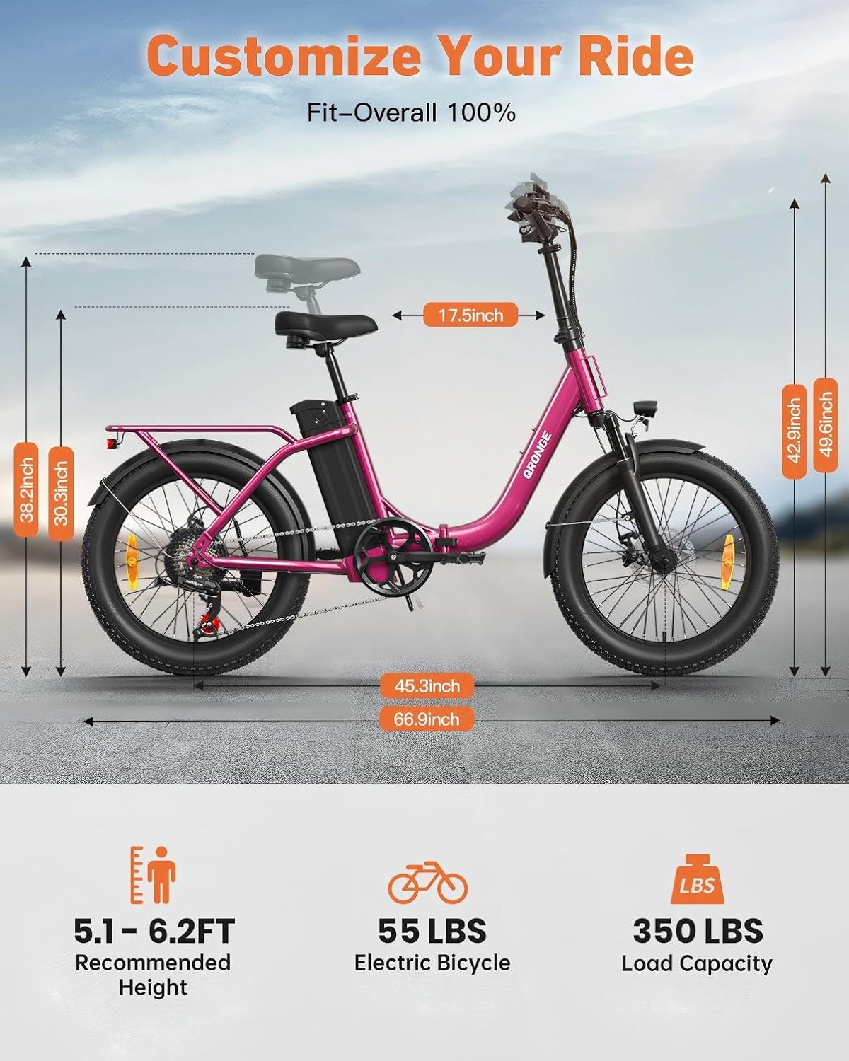 QRONGE Electric Bike, 1000W Peak Folding Electric Bike, 486Wh 70 Miles Range Ebike, Waterproof Removable Battery, 7 Speed, 25 MPH Max, 20' Step-Thru Bicycle with Front Basket