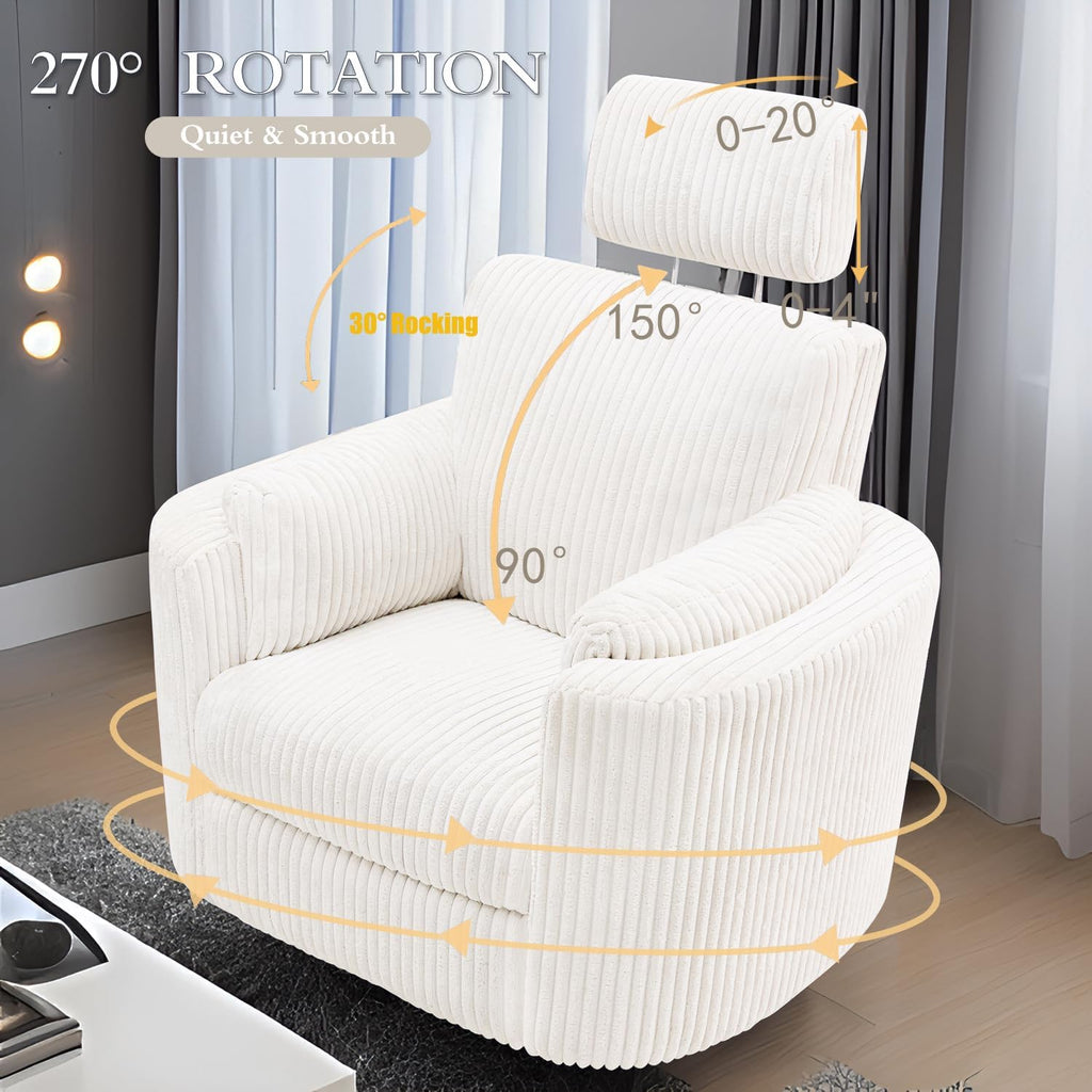 Zenosyne Power Swivel Recliner Rocking Chair Nursery Glider Rocker with Headrest, USB and Type-c Port, Corduroy Electric Reclining Sofa Chair Arm Chair for Living Room (White)