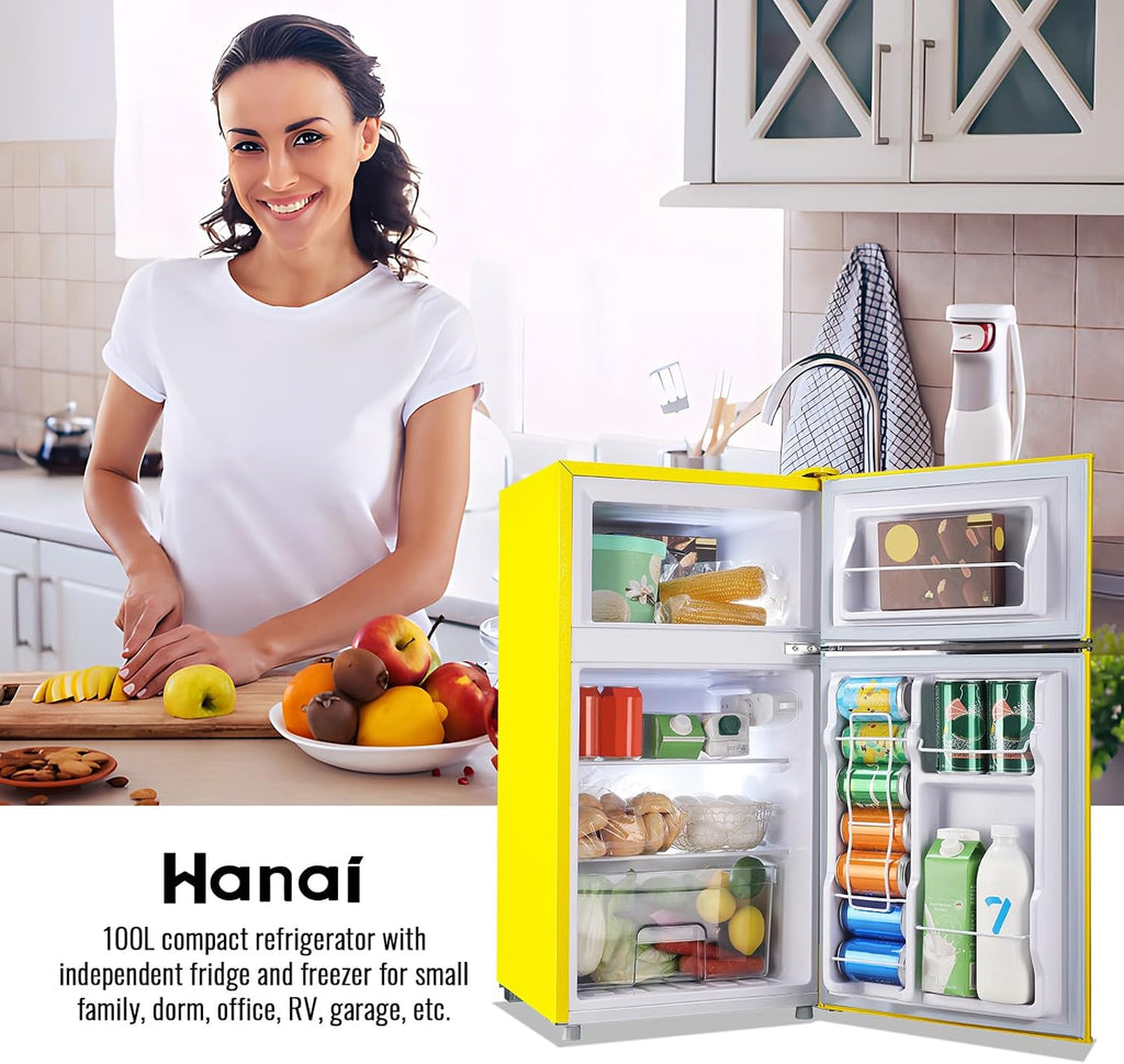 WANAI 3.5 Cu.ft Small Refrigerators Retro Mini Fridge with Freezer Yellow Full-sized Fridge Dual Door Dual Handle Classic Removable Glass Shelves Adjustable Thermostat for Home Office Dorm RV