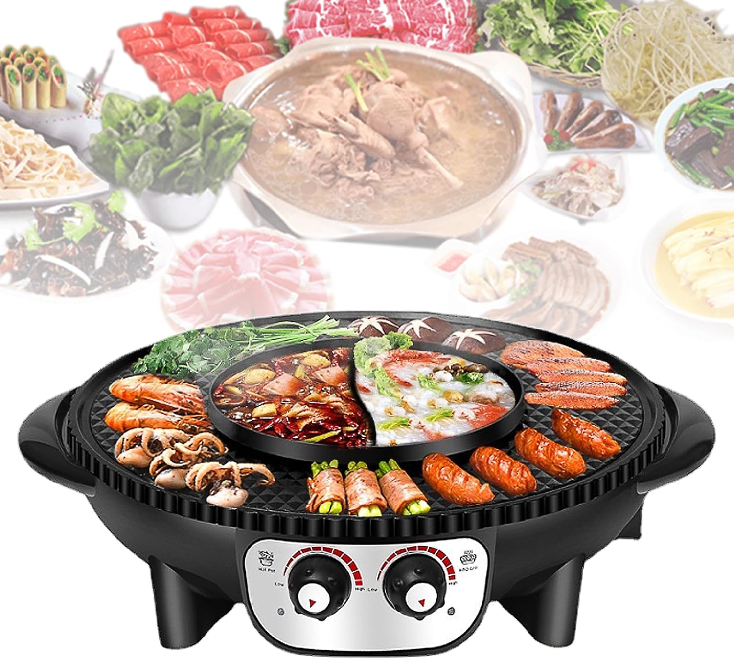 Large Household Electric Hot Pot with Grill, Soup Pot and Korean BBQ, Non-stick Coating, Easy to Clean, For 7-10 People to Enjoy, 2200 W