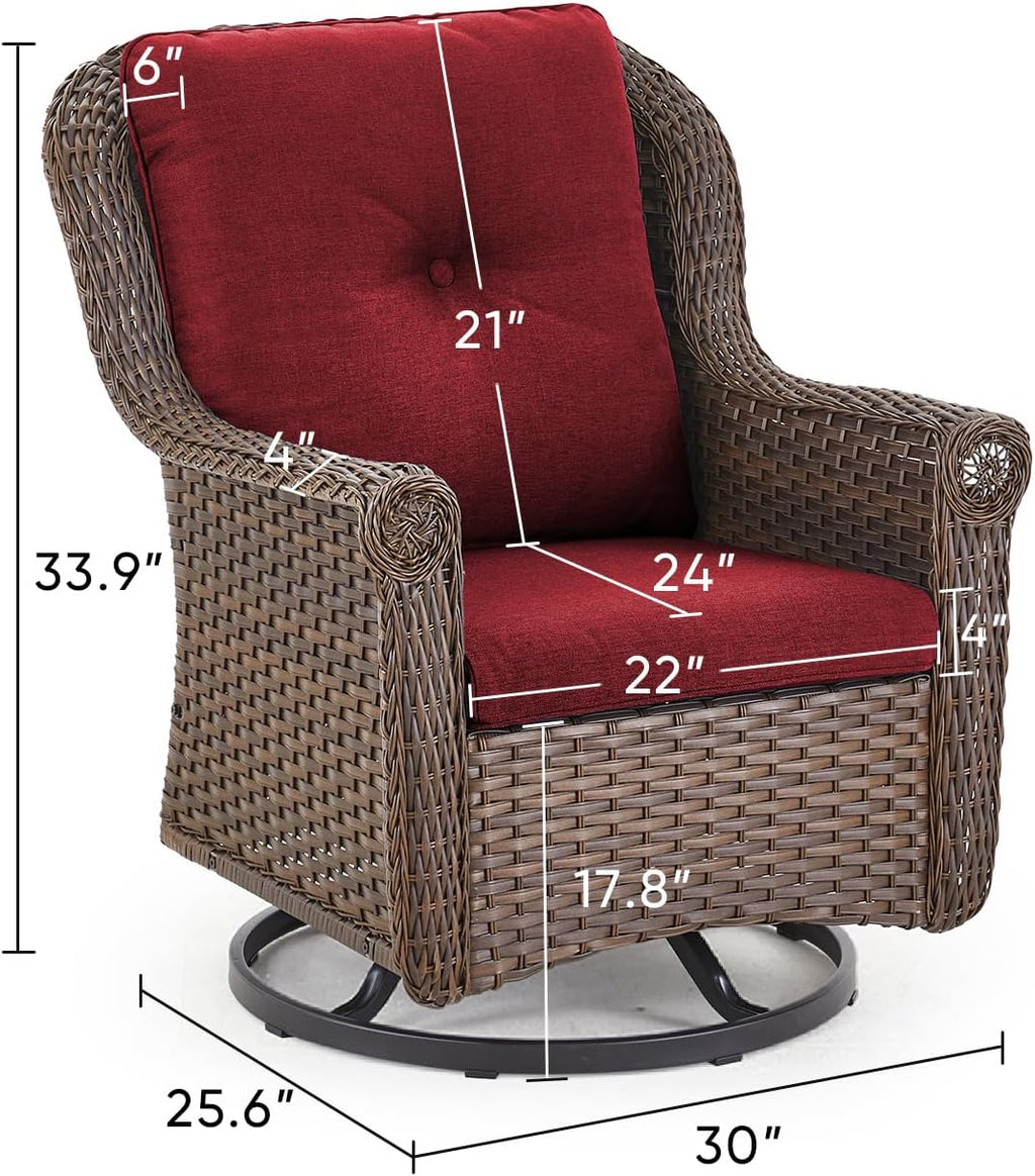 Patio Chairs Outdoor Swivel Glider - Set of 4 High Back Outside Brown Wicker Rattan Rocking Chair with Thick Cushion for Porch Apartment Deck Yard Poolside Garden - Red