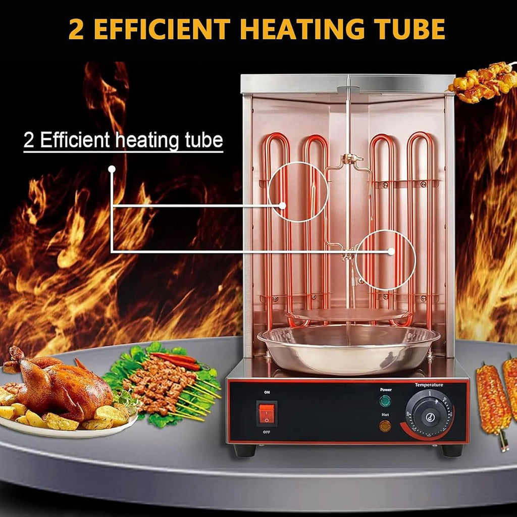 Electric Shawarma Machine Vertical Rotisserie Grill with Oil Collecting Pan, Stainless Steel Oven Grill, Adjustable 300℃, 360° Rotating Kebab
