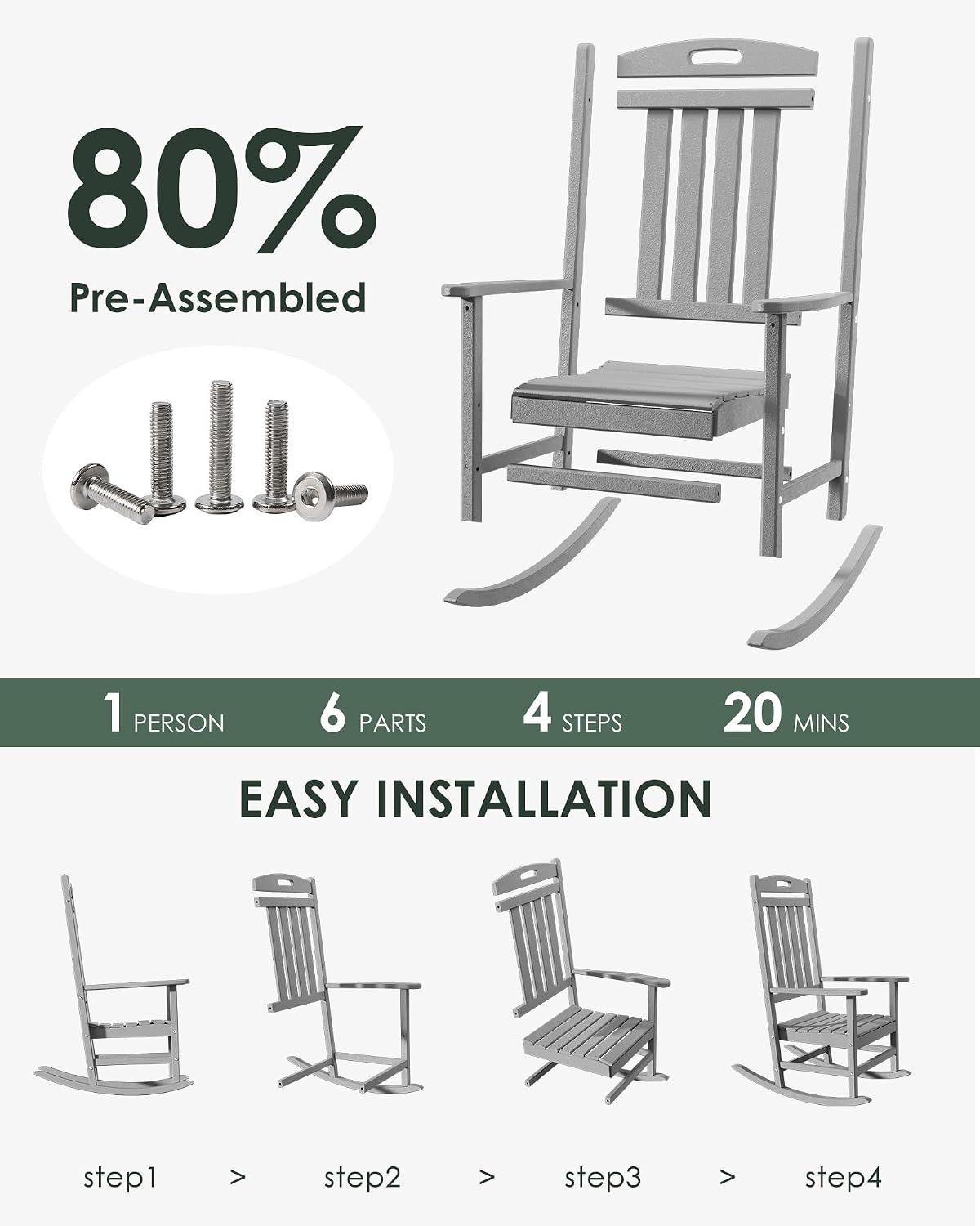 Outdoor Rocking Chair Set of 2, High Back Plastic Patio Rocking Chairs for Outside Porch Rocker Garden Lawn, All-Weather Resistant Poly Lumber Rocker Chair Outdoor, Slate Grey