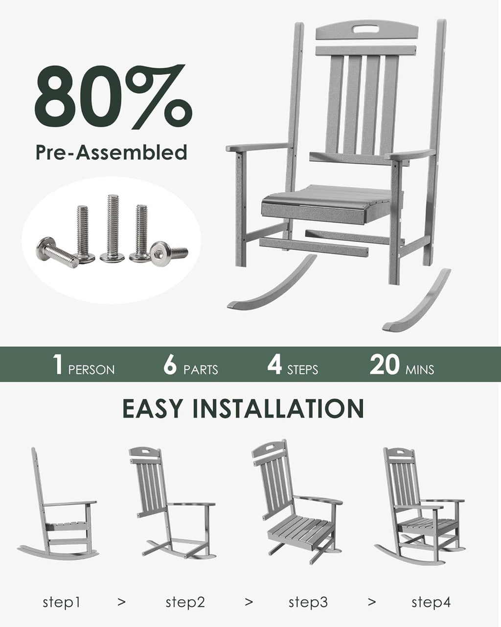 Outdoor Rocking Chair Set of 6, All-Weather Resistant Poly Lumber Rocker Chair Outdoor, High Back Plastic Patio Rocking Chairs for Outside Porch Rocker Garden Lawn, Slate Grey