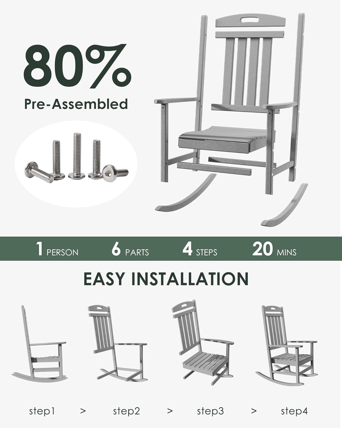 Outdoor Rocking Chair Set of 6, All-Weather Resistant Poly Lumber Rocker Chair Outdoor, High Back Plastic Patio Rocking Chairs for Outside Porch Rocker Garden Lawn, Slate Grey
