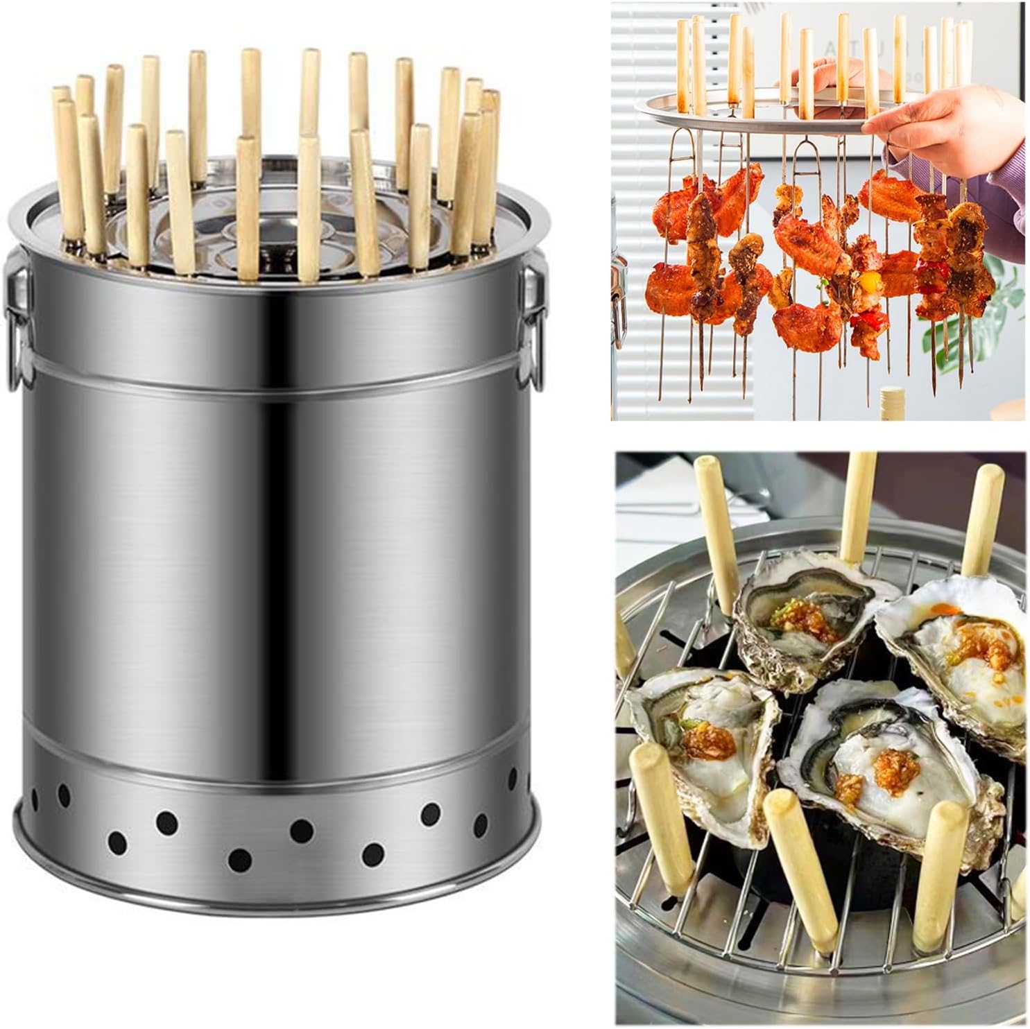 Outdoor Charcoal Grill Smokeless BBQ Hanging Grill Portable Stainless Steel BBQ Grill Oil and Carbon Separation Design Round Barrel Grill for Barbecue Party Camping(30x35cm/11.8x13.8)