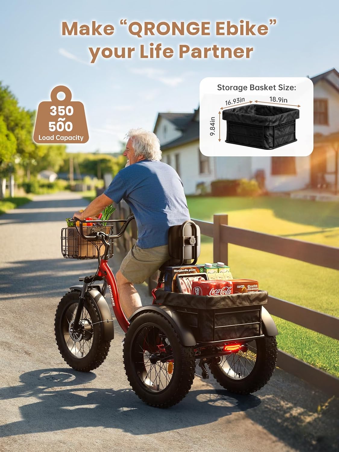 QRONGE Electric Tricycle for Adults 960W Peak, 36V 15AH Battery Ebike 50 Miles Range with Large Rear Basket, Electric Trike 20'*4' Fat Tire, Max 20MPH 3 Wheel Folding Electric Trike for Adults(Lava)