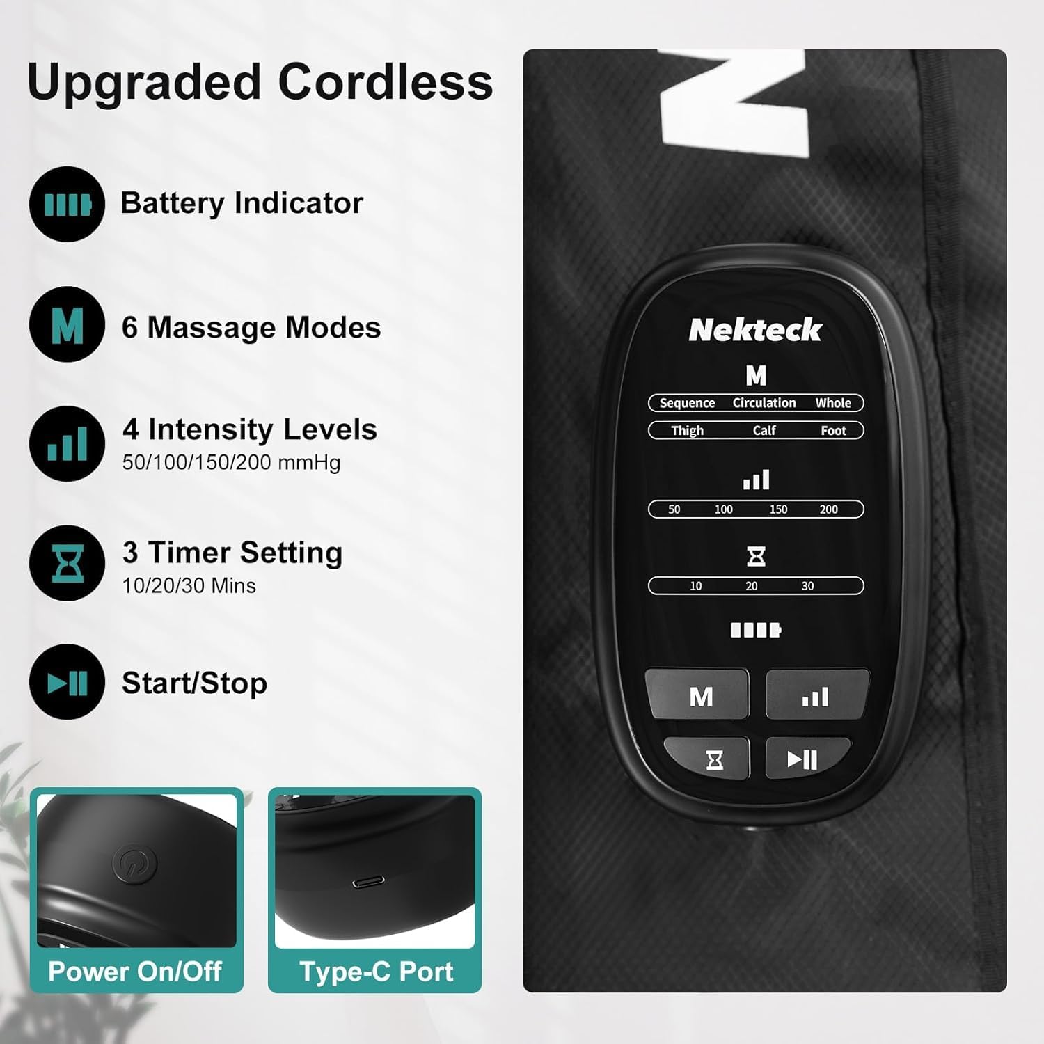 Nekteck Leg Compression Massager Recovery System, Cordless Foot and Leg Massager for Circulation and Pain Relief, Rechargeable Compression Boots with 6 Modes 4 Intensities, Legs Relaxation