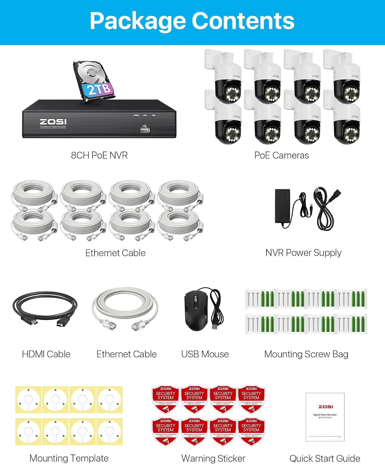 ZOSI 8CH (16CH Expandable) 4K PoE Security Camera System with AI Face Person Vehicle Detection, 8 x 5MP 3K Outdoor Auto Tracking PT PoE IP Camera with Floodlights, 5X Digital Zoom, 8CH NVR, 2TB HDD
