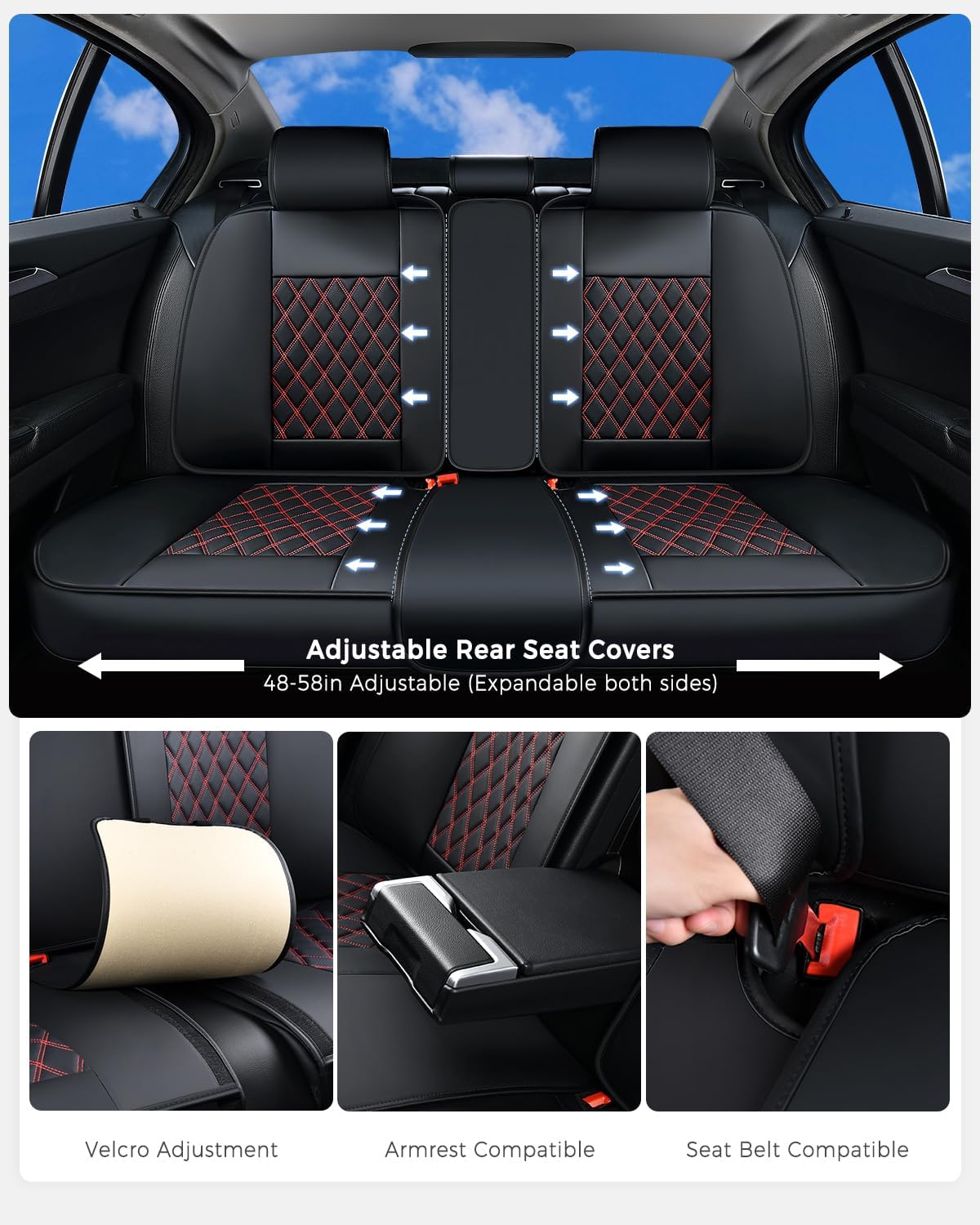 Huidasource Seat Covers, Nappa Leather Car Seat Covers, Velcro Adjustable, Compatible with Airbags, Child Seat, Seat Belts, Fit for Most Cars, Vans, Trucks, SUVs (Full Set/Black&Red)
