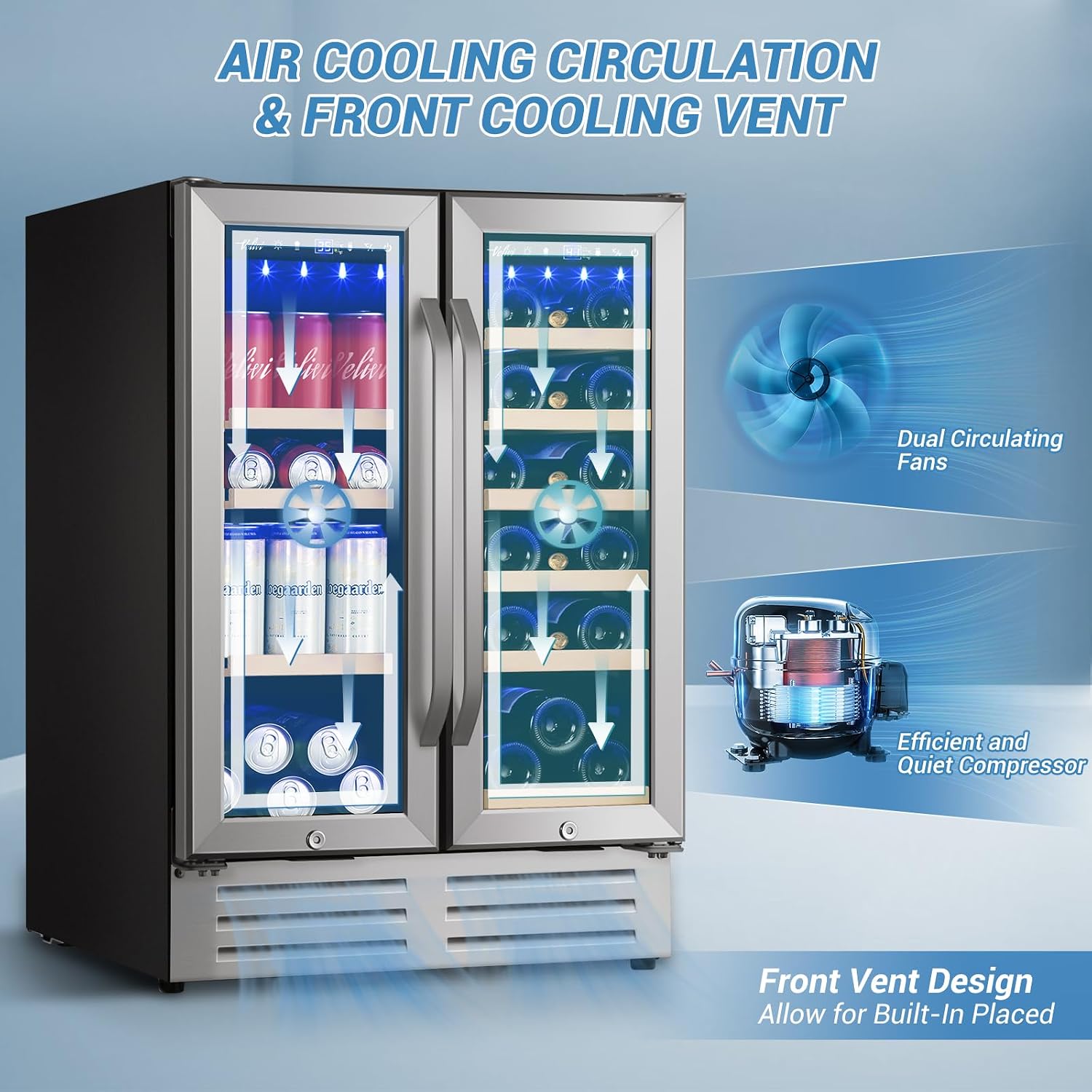 Velivi 24 Inch Beverage Refrigerator Undercounter, Dual Zone Wine and Beverage Cooler, Large Capacity for Beer Wine Drink with Built-In Warm Light, Ideal for Home Kitchen Bar Office