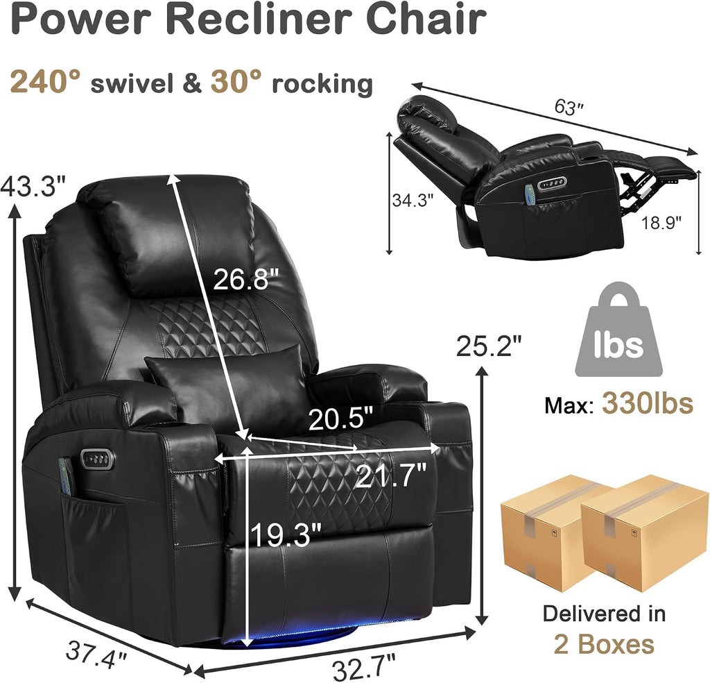 Power Swivel Rocker Recliner with Dual Motor, 240° Electric Glider Recliner with Heat & Massage, Rocking Chair Theater Seating with LED/Lumbar Pillow/USB Port/Cup Holders（Faux Leather Black, 1）