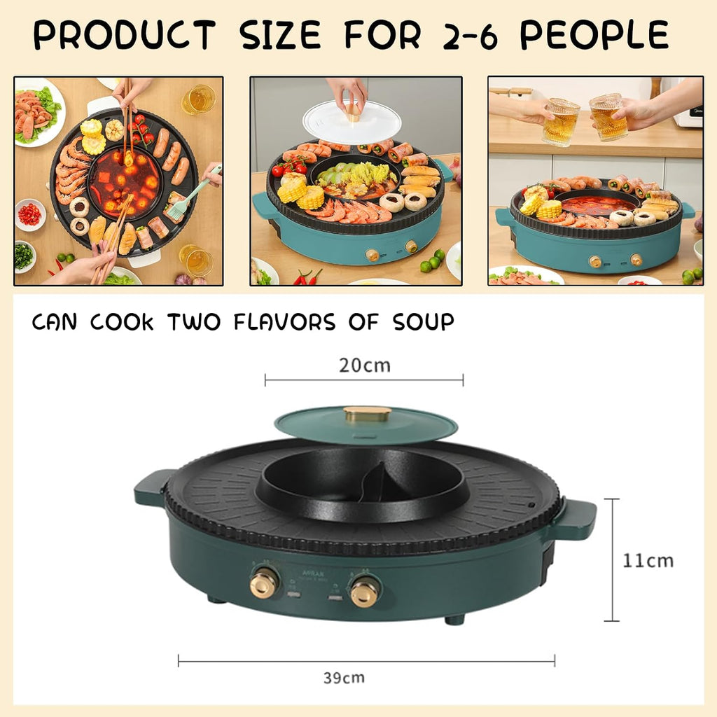 Household Electric Hot Pot with Grill, Teppanyaki Grill Pot and BBQ Pan, Independent Temperature Control, Non-stick Coating, Easy to Clean, For 2-6 People to Enjoy, 1500 W,A