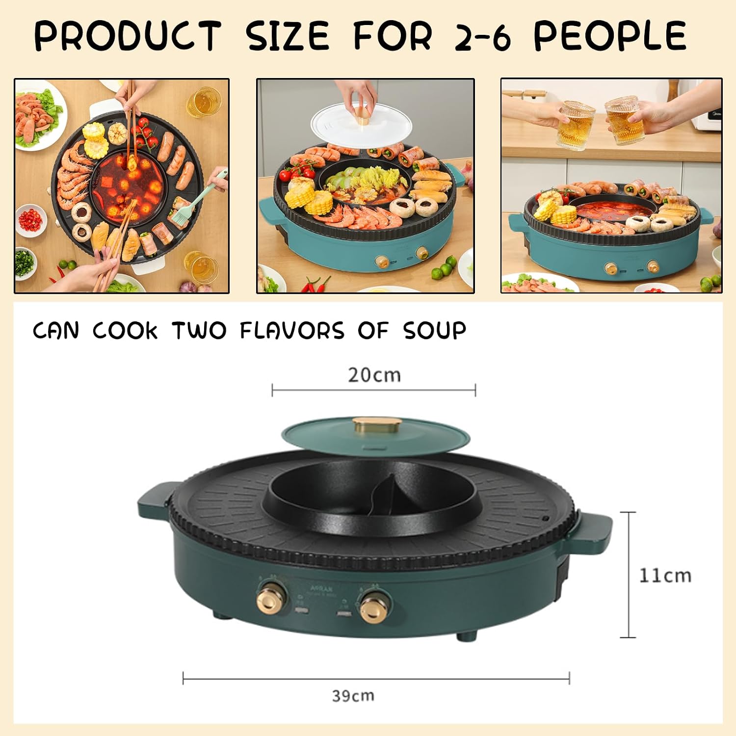 Household Electric Hot Pot with Grill, Teppanyaki Grill Pot and BBQ Pan, Independent Temperature Control, Non-stick Coating, Easy to Clean, For 2-6 People to Enjoy, 1500 W,A