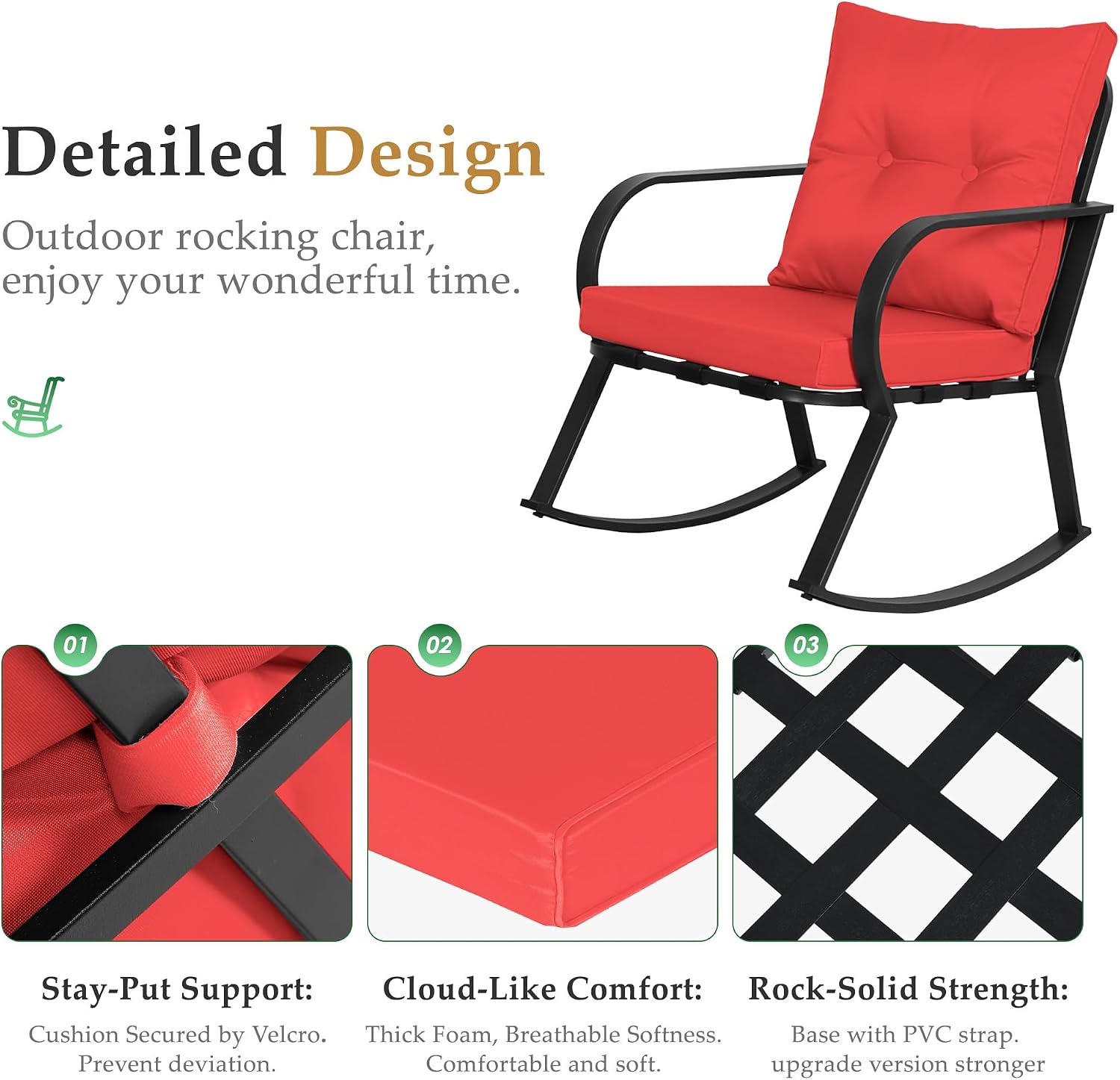 Oakcloud Oakmont Outdoor Furniture 3 Piece Conversation Bistro Set Rocking Chairs and Glass Top Table, Thick Cushions, Black Steel (Red)