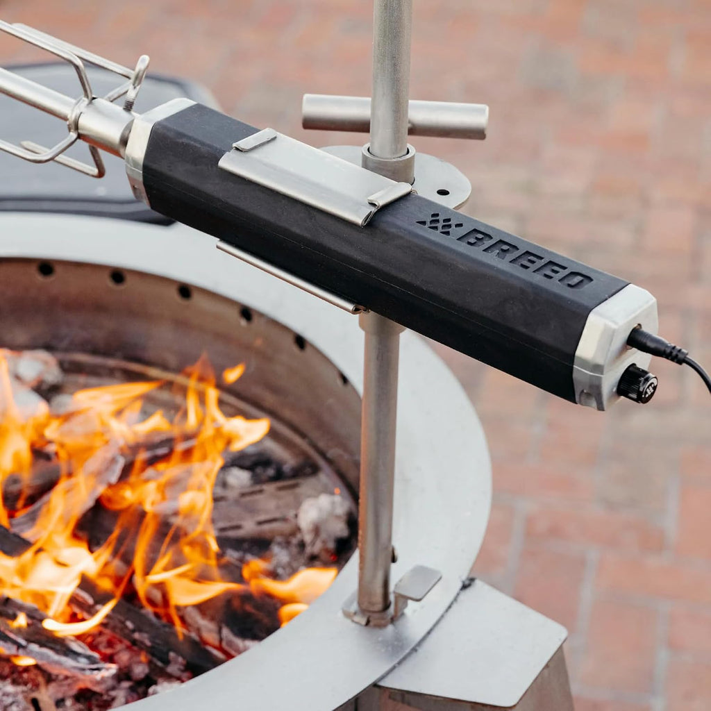 Breeo Rotisserie System - Rotisserie Grill Kit for Chicken, Turkey, BBQ, Kabobs - Live Fire Cooking Accessories - Includes Prongs, Battery Pack, Motor, AC Adapter, & Cable (Without Outpost Rod)