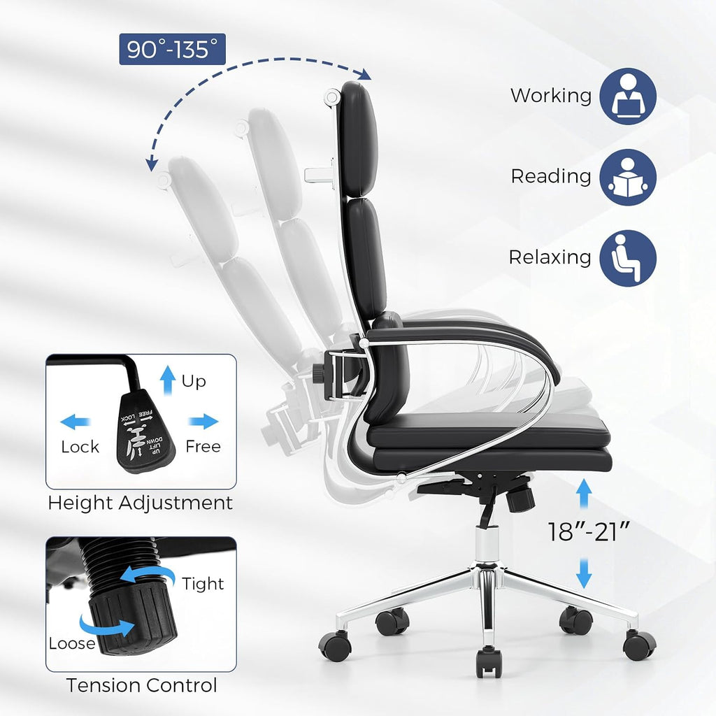 COSTWAY Ergonomic Leather Office Chair, High Back Executive Computer Chair w/Adjustable Height & Rocking Function, Adjustable Lumbar Support, Cushioned Seat, Padded Armrests for Home Office