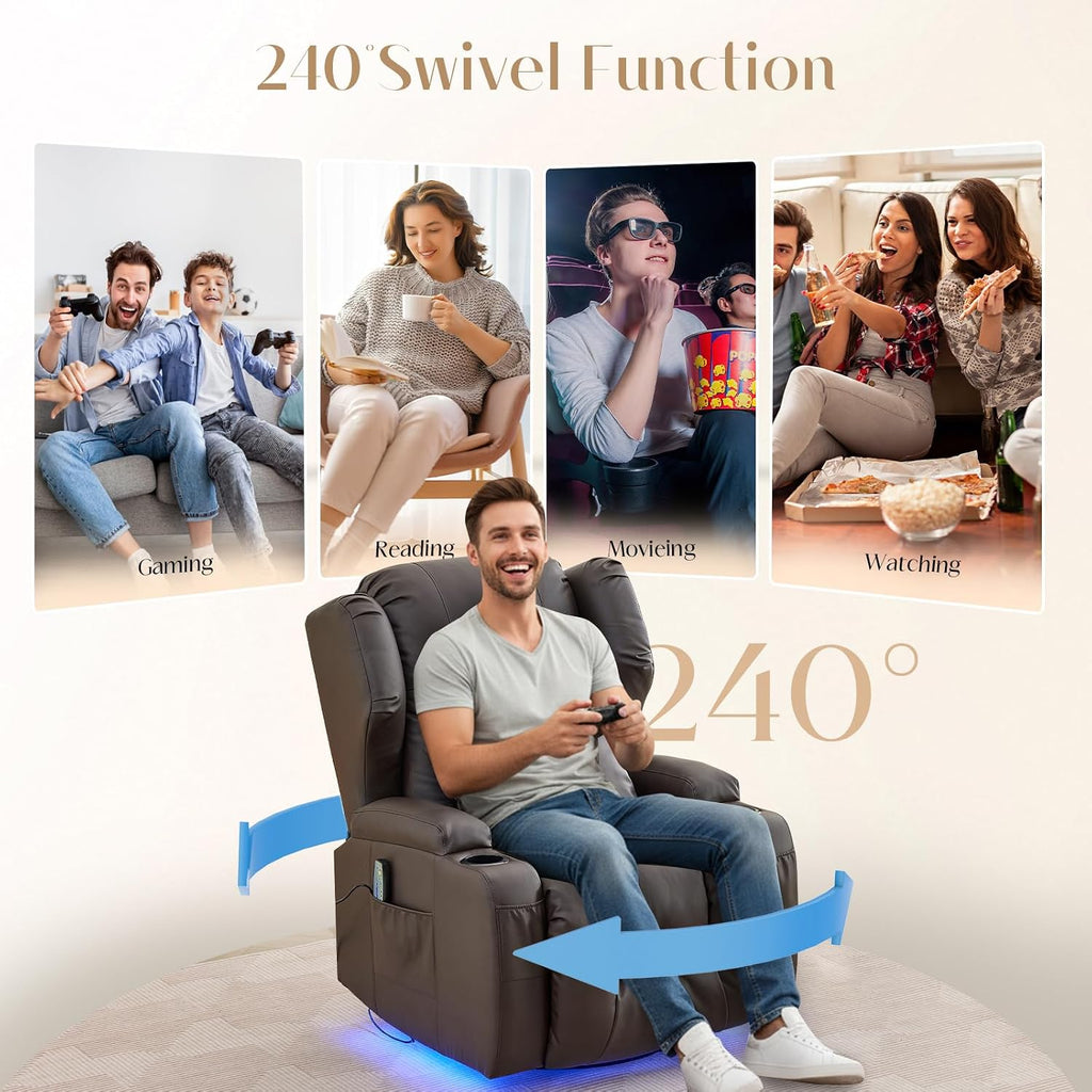 Power Swivel Rocker Recliner Chair with Massage & Heat, Dual Motor Electric Glider Rocking Recliner with USB Ports, Cup Holders & LED Light for Living Room, Home Theater (Brown PU)