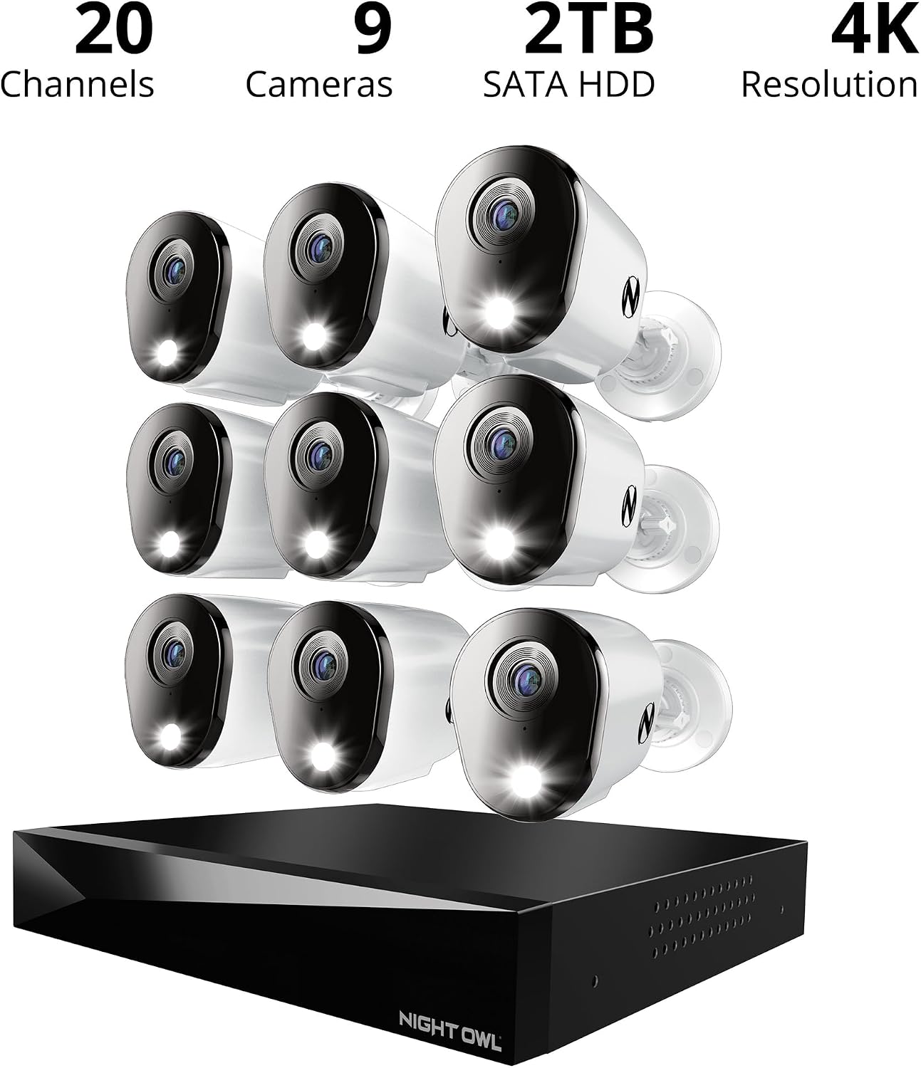 Night Owl 2-Way Audio 20 Channel DVR Video Home Security Camera System with (9) Wired 4K HD Indoor/Outdoor Deterrence Cameras and 2TB Hard Drive (Add up to 4 Wi-Fi Cameras) (9 Camera)