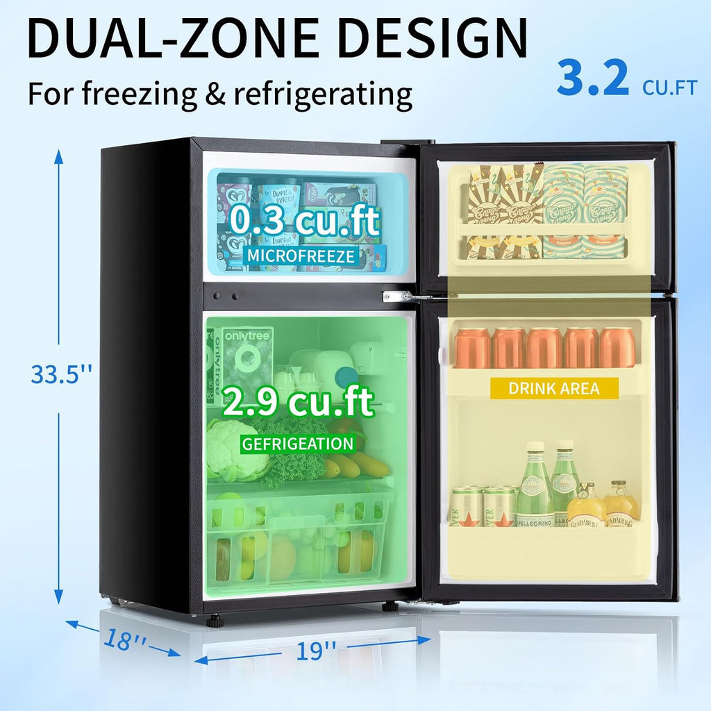 DOGHLY 3.2 Cu.Ft Mini Fridge with Freezer, 2 Door Compact Refrigerator with 3 Adjustable Thermostat, Low Noise, Removable Shelf, Small Refrigerator for Dorm, Office, Bedroom, Black