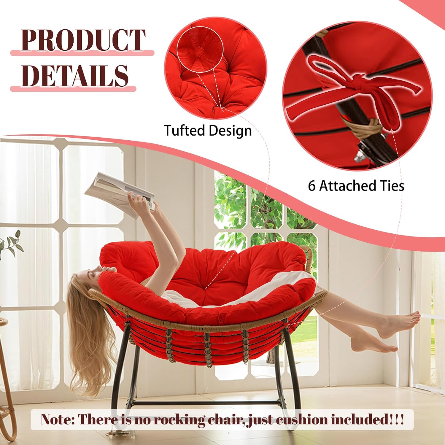 Outdoor Rocking Chair Cushions Replacement, 6''Thick Waterproof & Fade Resistant Papasan Chair Cushion with 6 Straps,Tufted Egg Chair Cushion for Indoor & Outdoor (Red)
