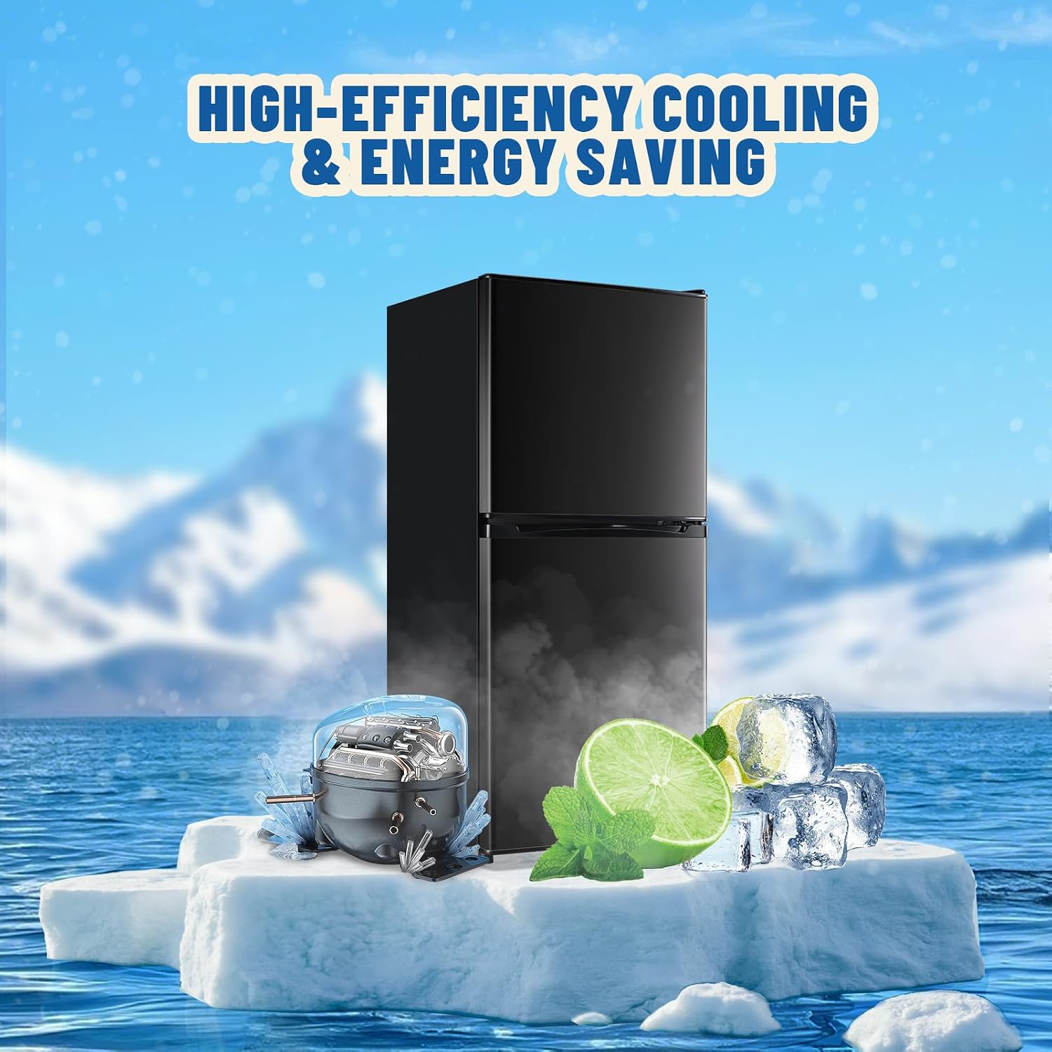 DEMULLER 3.88 CU.FT Capacity Refrigerator with Freezer Double Door Mini Fridge Small Refrigerator with 7 Adjustable Temp Control & 3 Glass Shelves for Kitchen Office Dorm Black