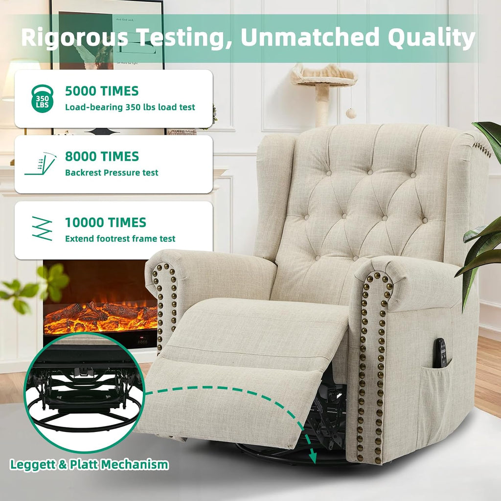 VIVIJASON Power Swivel Rocking Recliner Chair with Massage & Heat, Electric Rocker Nursery Glider Chair, Wingback Tufted Upholstered Recliner W/Type-C & USB Ports for Living Room, Bedroom, Beige