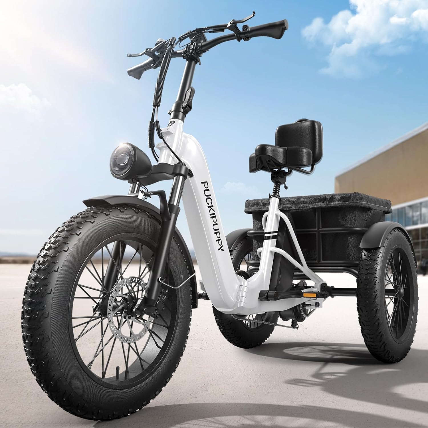 PUCKIPUPPY Electric Trike for Adult with 960W Peak Motor, 60 Miles Range Pickup Class Tricycle, 500 Lbs Load Electric Trike with Rear Differential and 20' Fat Tires, 48V 17.4AH Cell Battery, Husky