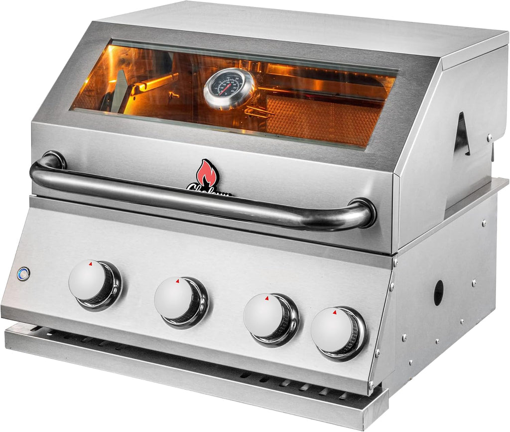CHALEUR 23' VIEW 3 LINE GAS GRILL 3-BURNER + 1 REAR INFRARED - Built-In Stainless Steel Outdoor Kitchen Grill Head - Liquid Propane - Professional BBQ Insert with Glass Viewing Window