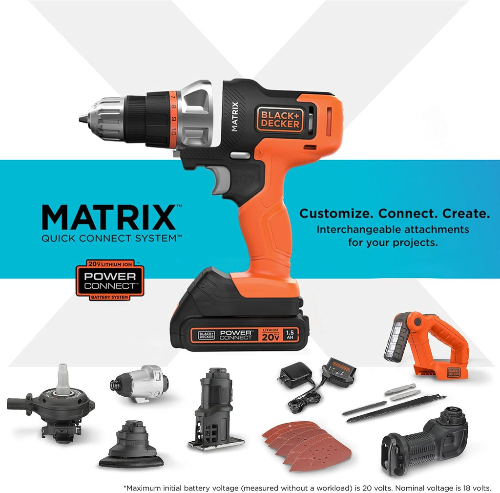 BLACK+DECKER MATRIX 20V MAX Power Tool Combo Kit, Cordless Power Tool Set with Battery and Charger Included, 7 Piece (BDCDMT1207KITC1