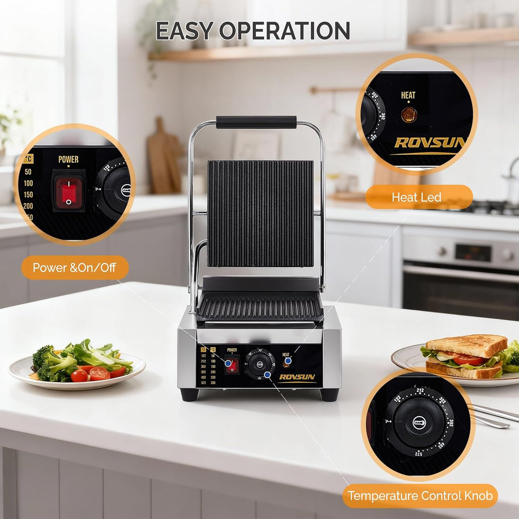 ROVSUN 811 Commercial Panini Press Grill, 1800W Stainless Steel Electric Countertop Sandwich Maker with Adjustable Temp 122°F–572°F, For Steak, Burgers, Home & Restaurant Use, 110V, Silver