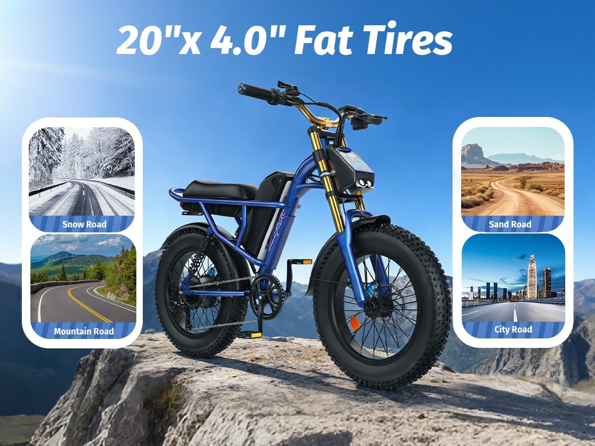 Electric Bike for Adults, 1500W Peak Motor Ebike with 48V 15.6Ah Built-in Removable Battery, 70 Miles Range Top Speed 28 MPH Electric Bike, 20' Off Road All terrian Fat Tire E Bike with 7 Speed
