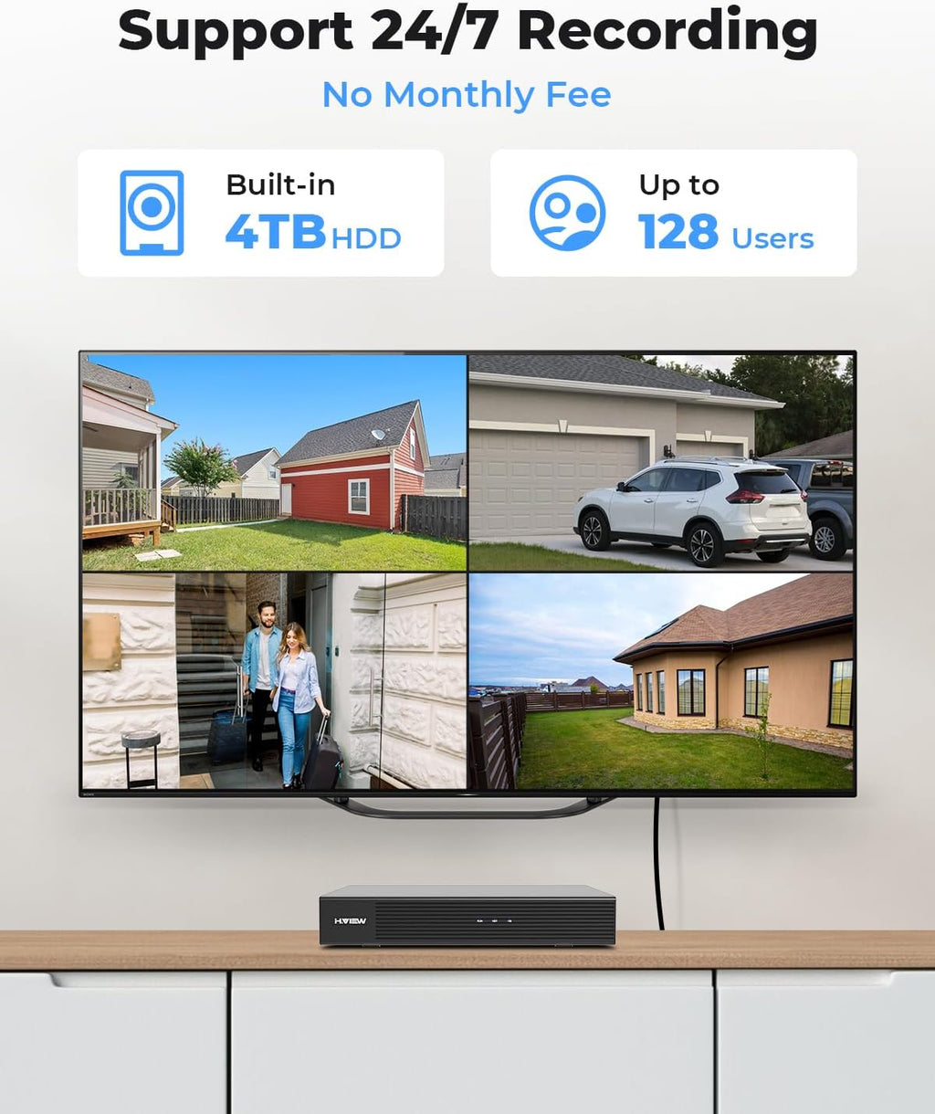H.VIEW 8MP Security Camera System 4TB HDD, 8pcs POE Security Camera System 4k Outdoor, 8X 8MP Wired Outdoor IP Cameras with Two-Way Audio, Human AI Detection, Cameras System for Home Security