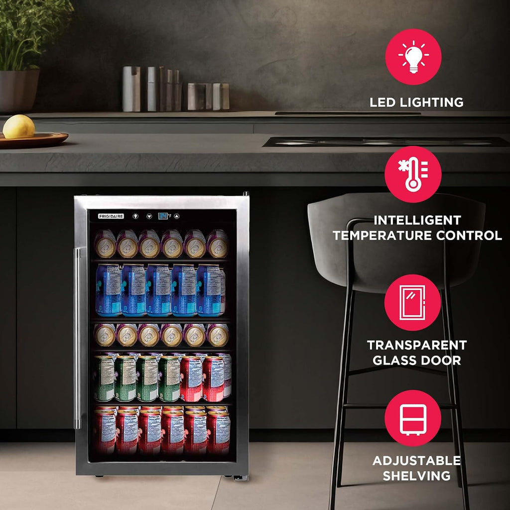 Frigidaire Beverage Refrigerator, Fridge with Glass Door, Compact Mini Fridge with Digital Temperature Control, Fits 115 Cans or 34 Bottles, 96L Capacity - 19.1' D x 17.5' W x 31.2' H