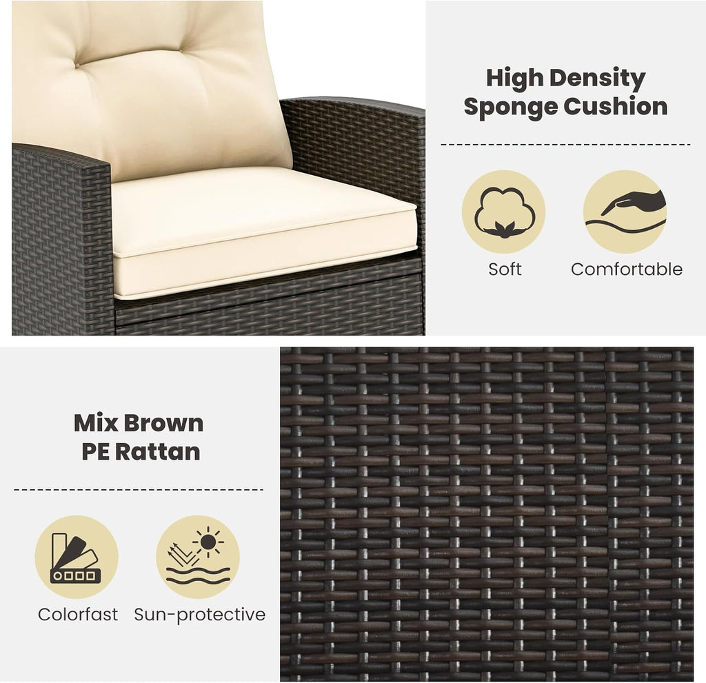 ORALNER 3 Pieces Patio Furniture Set, Outdoor Wicker Rocking Chairs with Soft Cushions, Glass Coffee Table, Rattan Conversation Bistro Set for Front Porch Balcony Garden Deck Poolside (Beige)