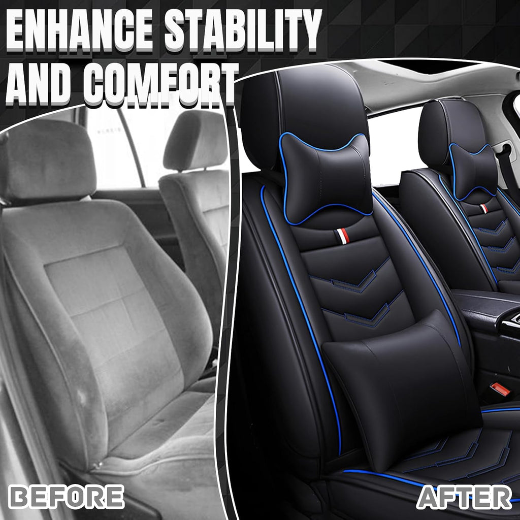 Car Seat Covers Fit for Chevy Suburban 2000-2025, Leather Seat Covers for Car, Waterproof Non-Slip Durable Car Seat Protector(2 Seats with Pillow,Black Blue)