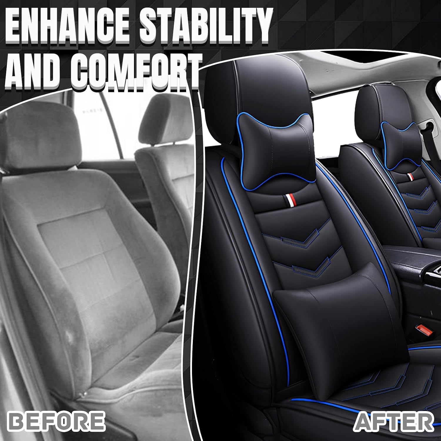 Car Seat Covers Fit for Chevy Suburban 2000-2025, Leather Seat Covers for Car, Waterproof Non-Slip Durable Car Seat Protector(2 Seats with Pillow,Black Blue)