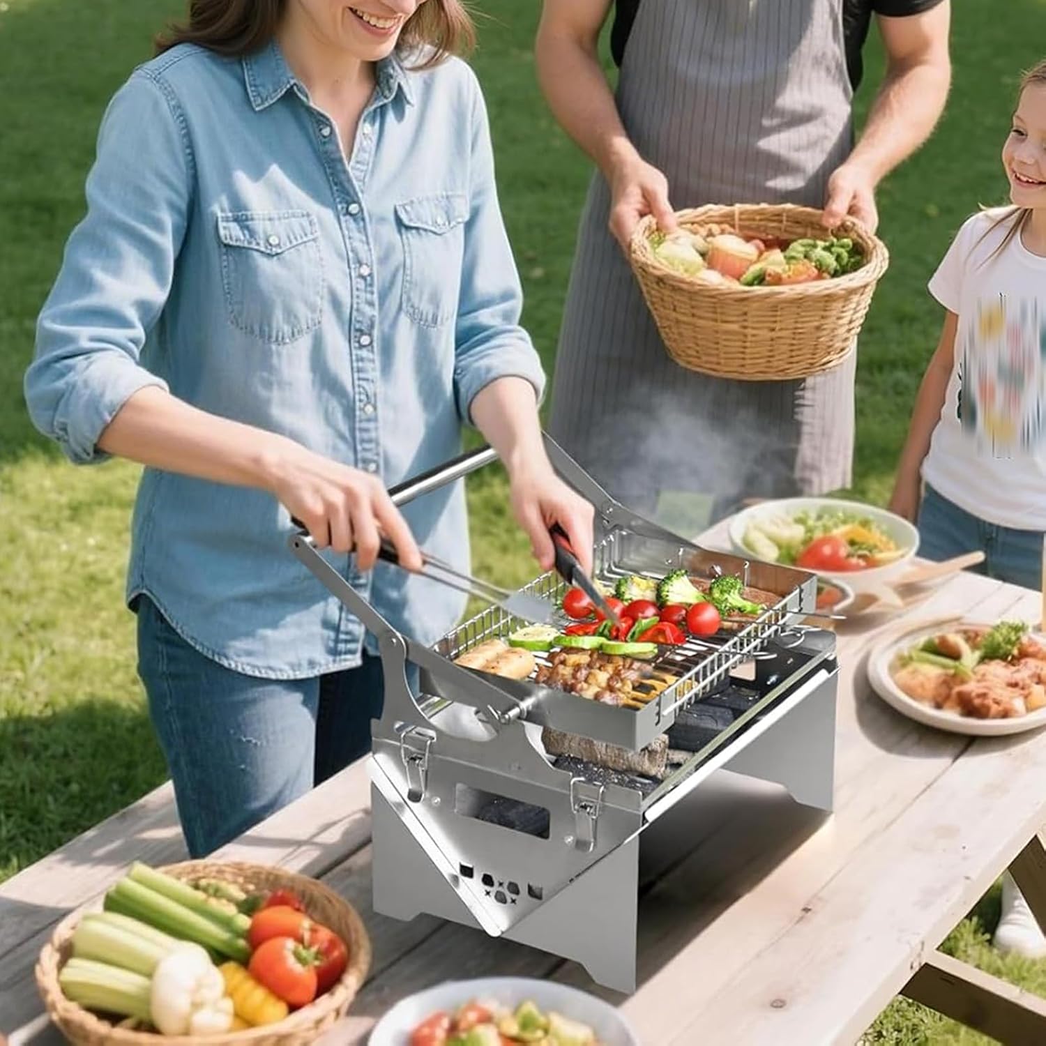 Outdoor Barbecue Grill Portable BBQ Grill, Stainless Steel Charcoal Grill Foldable BBQ Smoker, 180°*2 Double-sided Flipping, for Picnic, Terrace, Camping