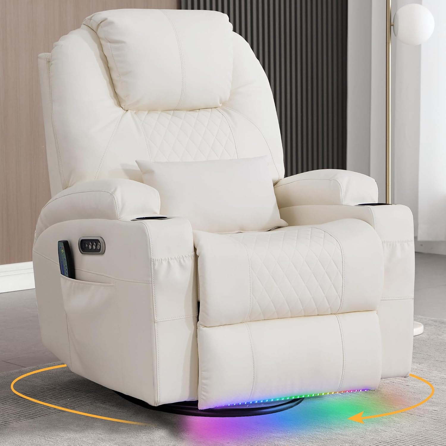 Power Swivel Rocker Recliner with Dual Motor, 240° Electric Glider Recliner with Heat & Massage, Rocking Chair Theater Seating with LED/Lumbar Pillow/USB Port/Cup Holders（Faux Leather Beige, 1）