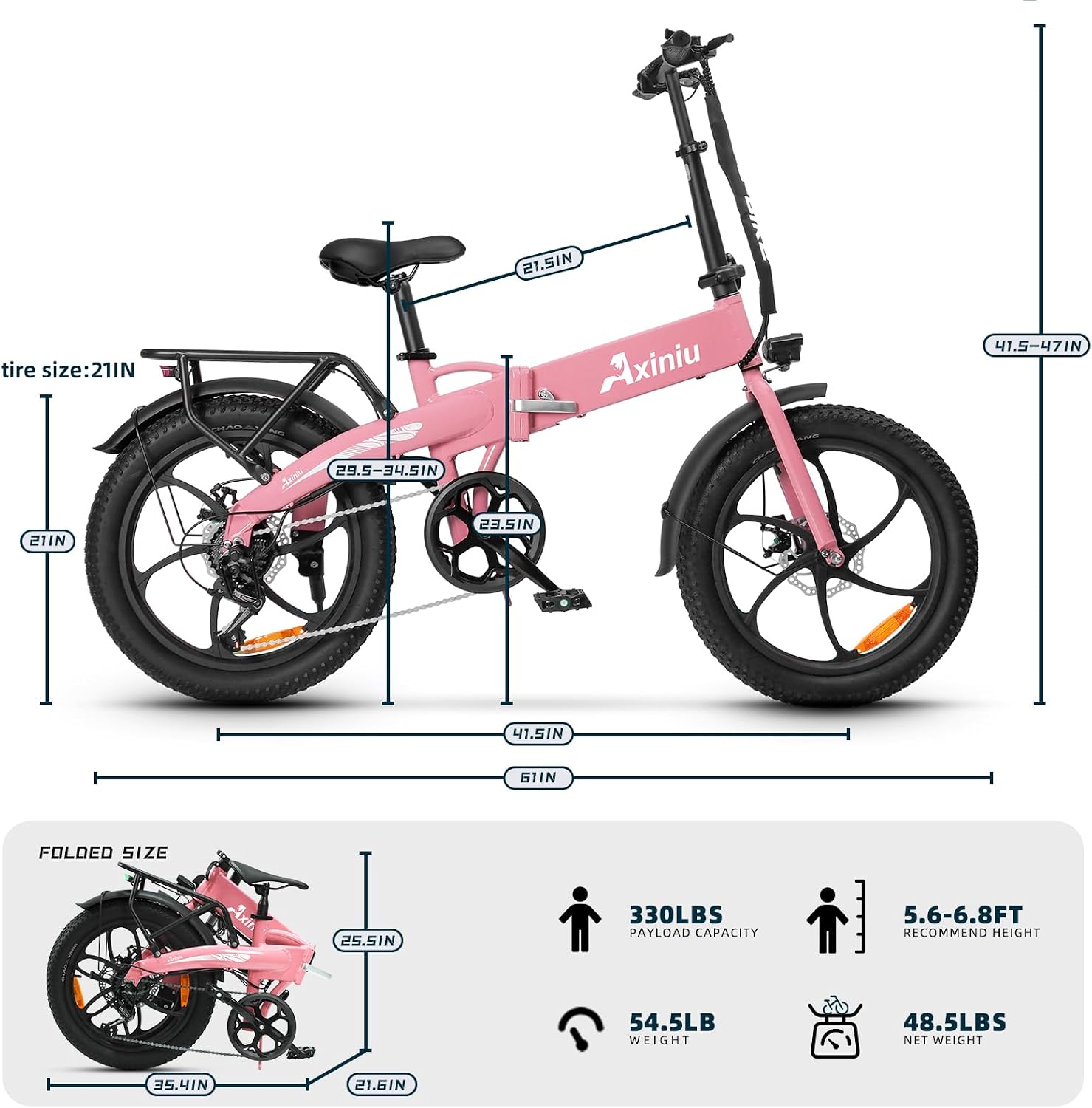 Axiniu 20' Folding Electric Bike丨850W Electric Bikes for Adults丨48V 13Ah Portable Battery丨48.5Lbs Lightweight Folding E-Bike丨60 Miles Range丨25mph Speed - Class 2 Fat TIre Ebike