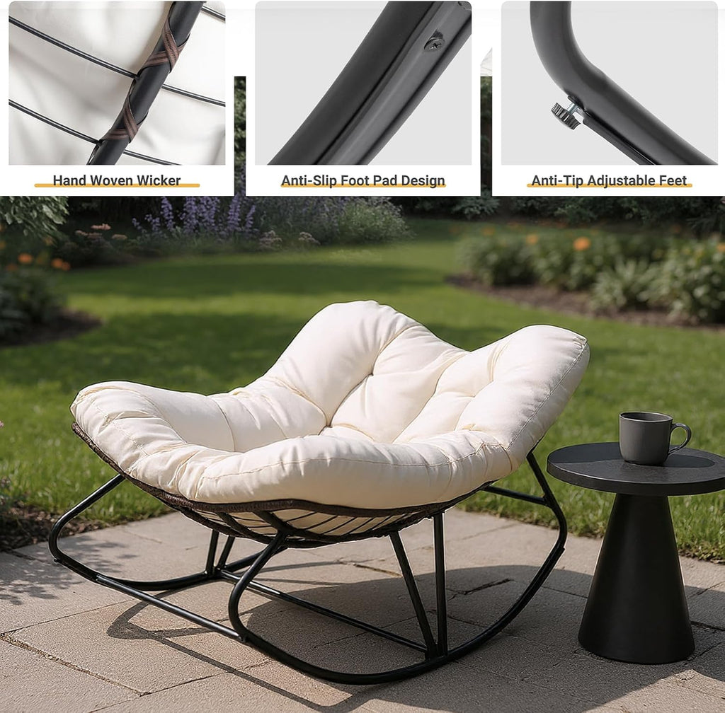 JOYBASE Outdoor Indoor Papasan Rocking Chair Set of 2, Oversized Papasan Rocker with Cushion, Patio Wicker Comfy Egg Chair for Backyard Bedroom Living Room Lounge Reading (Beige)