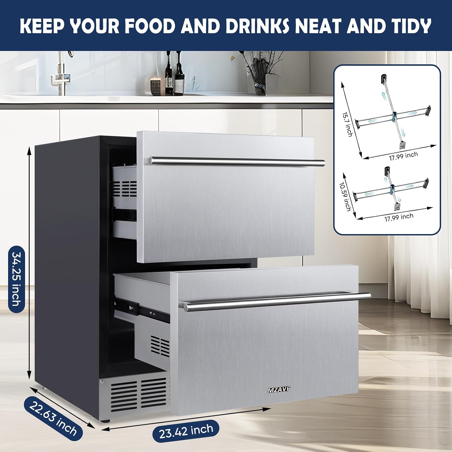 24 Inch Double Drawer Fridge, Stainless Steel Outdoor Beverage Refrigerator for Patio and Kitchen, Freestanding or Built-In, Mobile Grid Organizer, Home and Commercial Use