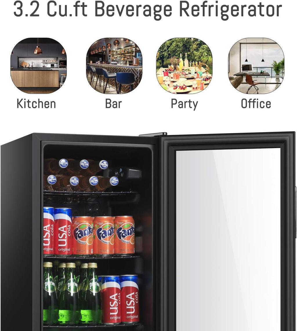 HAILANG 3.2 cu.ft Beverage Refrigerator Cooler, Mini Fridge with Glass Door for Beer Soda or Wine, Perfect for Home,Bar, Office
